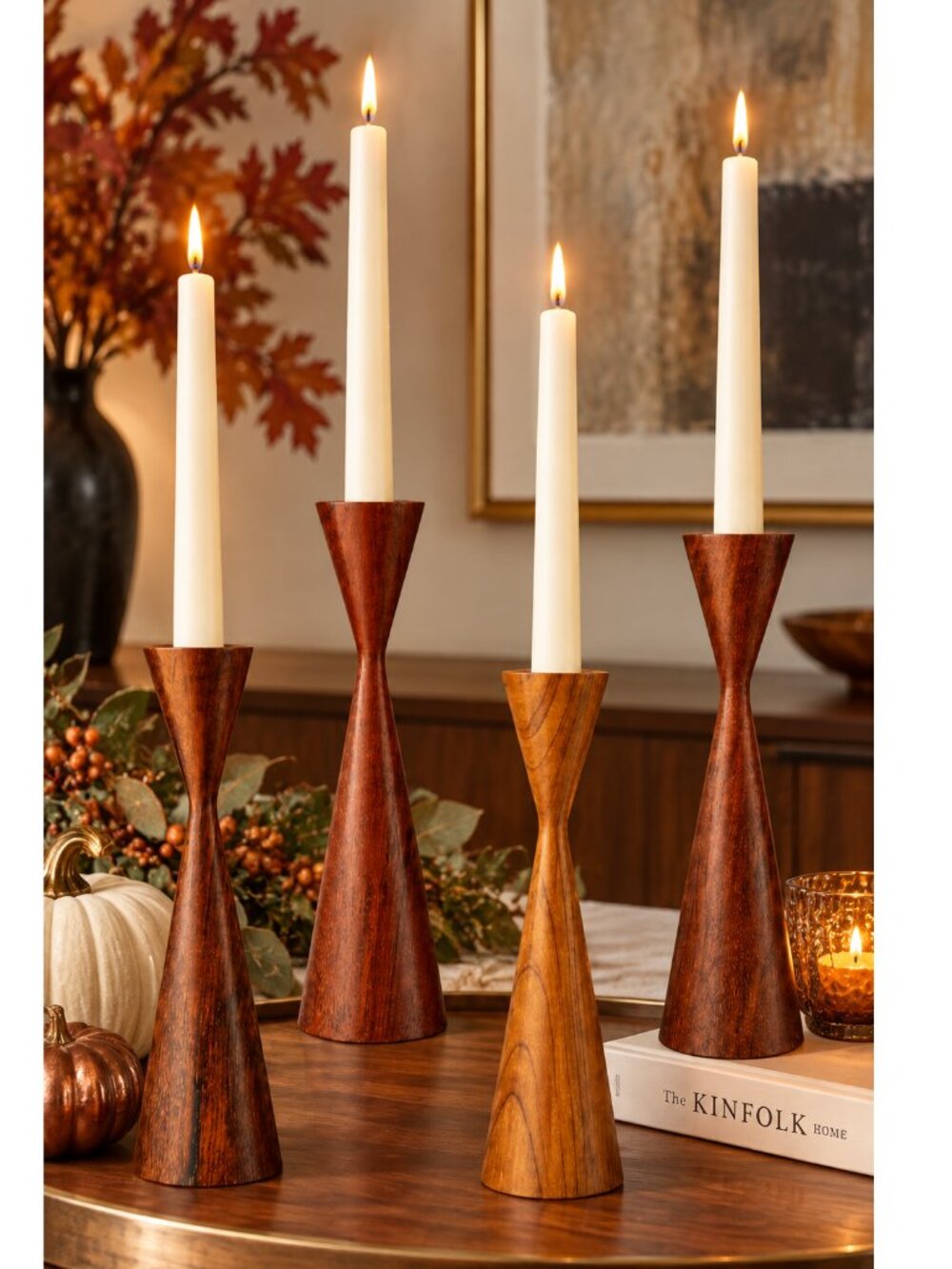 Set of 4 MCM Vintage Danish Teak Wooden Candle Stick Holders